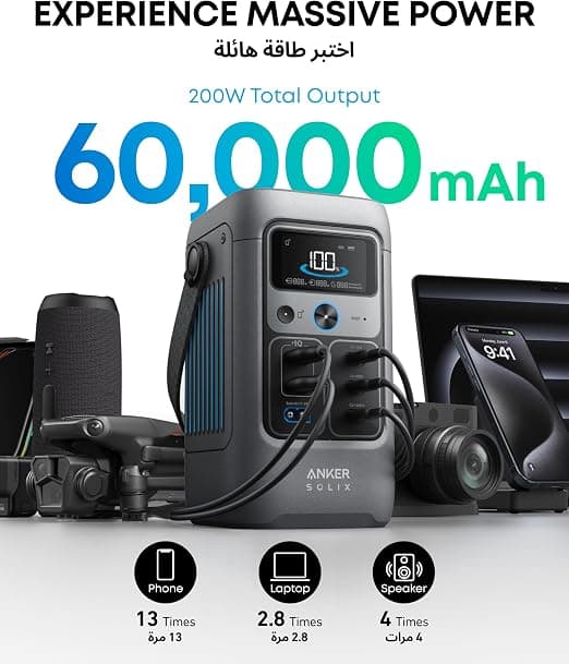 Anker SOLIX C200 DC Portable Power Station — 60,000mAh (192Wh) LiFePO4, 200W, 140W USB-C