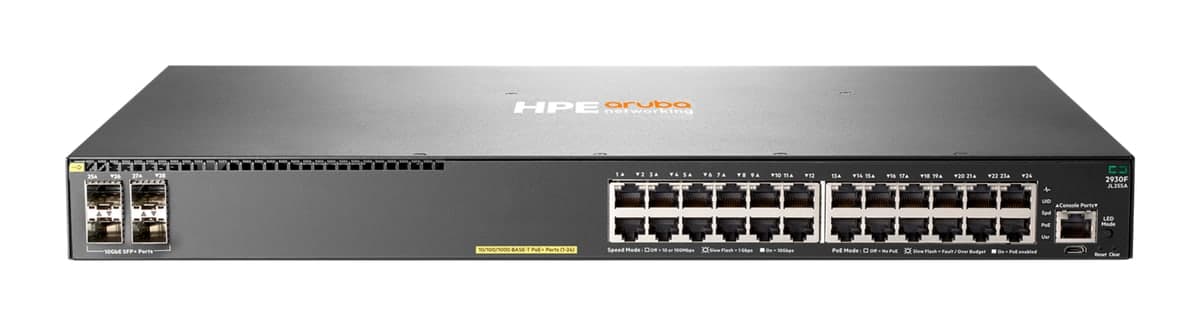 HPE Aruba Networking 2930F 24G PoE+ 4SFP+ Switch — 24× Gigabit PoE+, 4× 10G SFP+, 370W (JL255A)