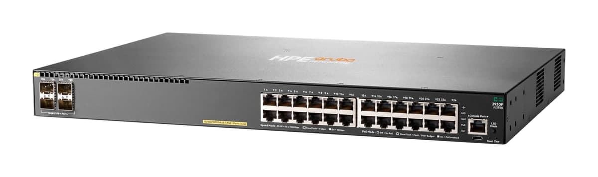 HPE Aruba Networking 2930F 24G PoE+ 4SFP+ Switch — 24× Gigabit PoE+, 4× 10G SFP+, 370W (JL255A)