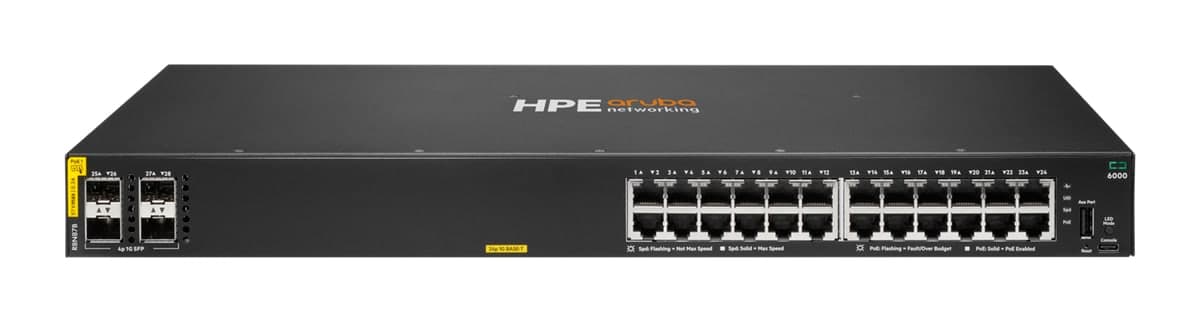 HPE Aruba Networking CX 6000 24G Class4 PoE 4SFP 370W Switch — 24× Gigabit PoE, 4× 1G SFP (R8N87B)