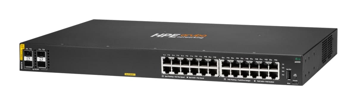 HPE Aruba Networking CX 6000 24G Class4 PoE 4SFP 370W Switch — 24× Gigabit PoE, 4× 1G SFP (R8N87B)