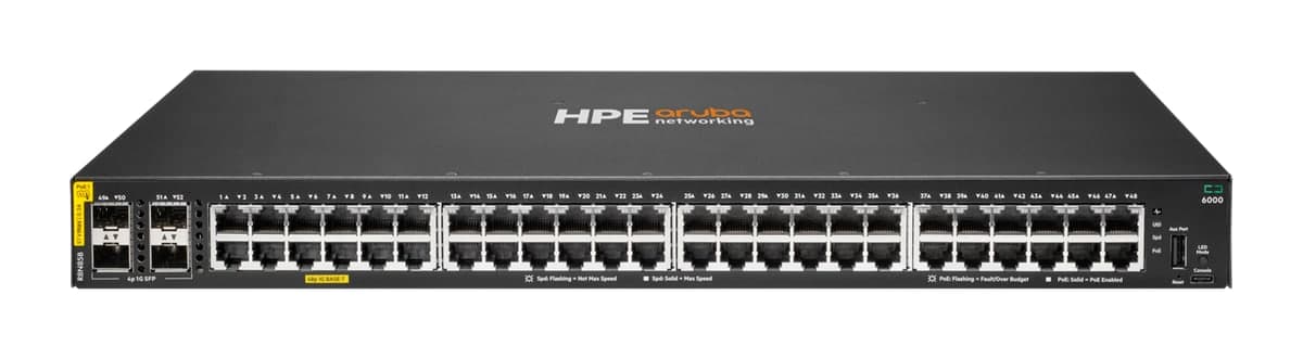 HPE Aruba Networking CX 6000 48G Class4 PoE 4SFP 370W Switch — 48× Gigabit PoE, 4× 1G SFP (R8N85B)