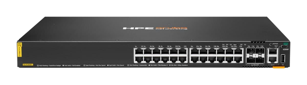 HPE Aruba Networking CX 6200F 24G Class4 PoE 4SFP+ 370W Switch — 24× Gigabit PoE, 4× 10G SFP+ (JL725B)