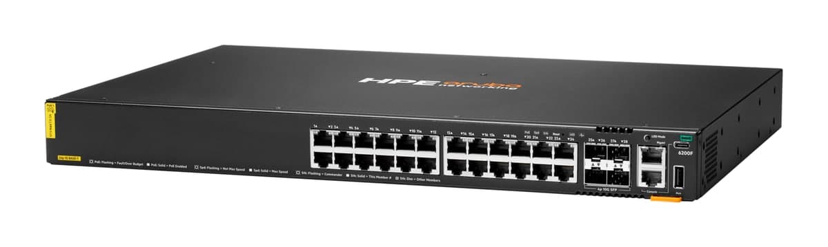 HPE Aruba Networking CX 6200F 24G Class4 PoE 4SFP+ 370W Switch — 24× Gigabit PoE, 4× 10G SFP+ (JL725B)