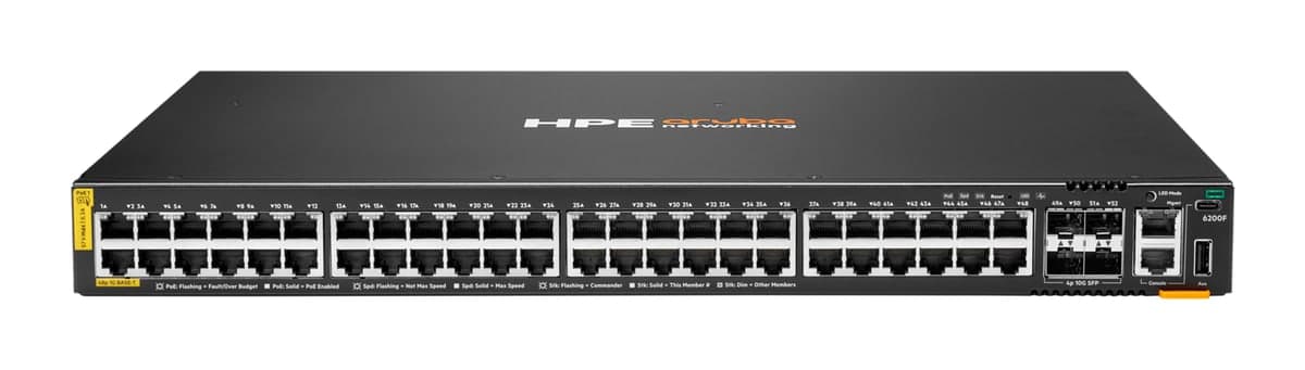 HPE Aruba Networking CX 6200F 48G Class4 PoE 4SFP+ 740W Switch — 48× Gigabit PoE, 4× 10G SFP+ (JL728B)