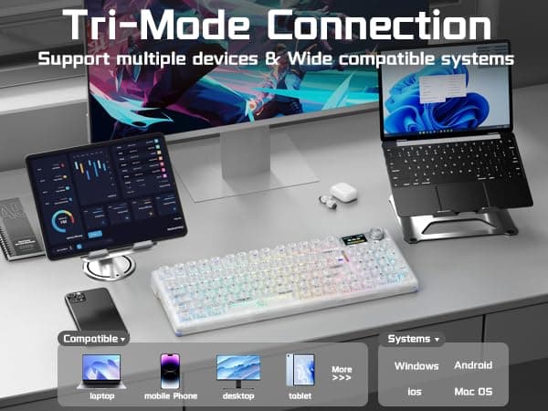 AULA F98 Pro V3 Wireless Mechanical Keyboard — Tri-mode (2.4GHz / Bluetooth / USB-C), Hot-swappable, Gasket, RGB, Screen + Knob, White