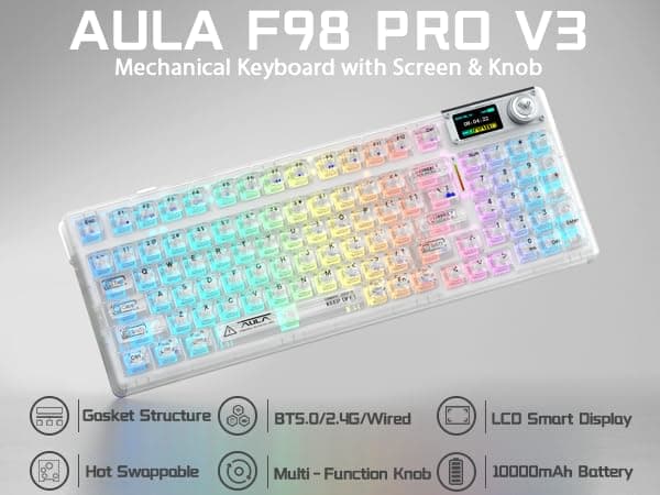AULA F98 Pro V3 Wireless Mechanical Keyboard — Tri-mode (2.4GHz / Bluetooth / USB-C), Hot-swappable, Gasket, RGB, Screen + Knob, White