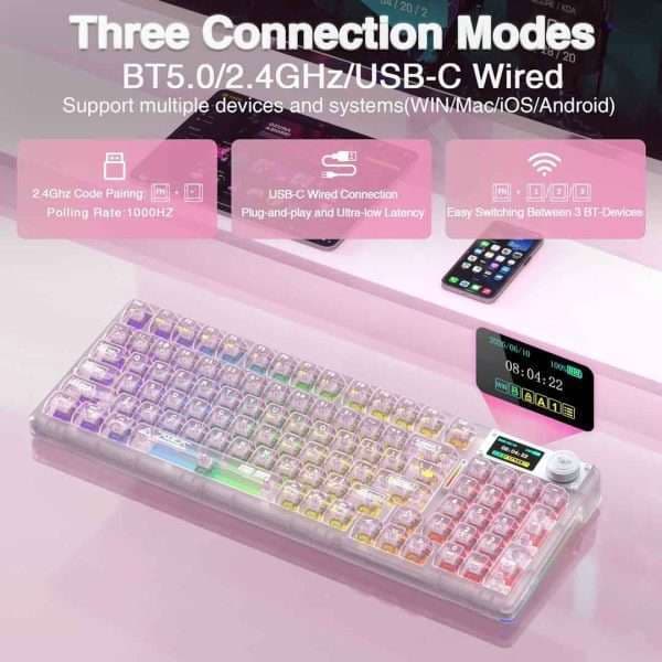 AULA F98 V3 Wireless Mechanical Keyboard — Tri-mode (2.4GHz / Bluetooth / USB-C), Gasket, Pink