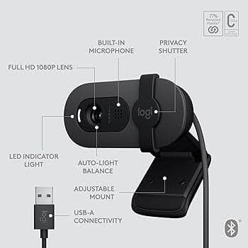 Logitech Brio 105 Business Webcam — Full HD 1080p, Auto Light Balance, Privacy Shutter (960-001592)