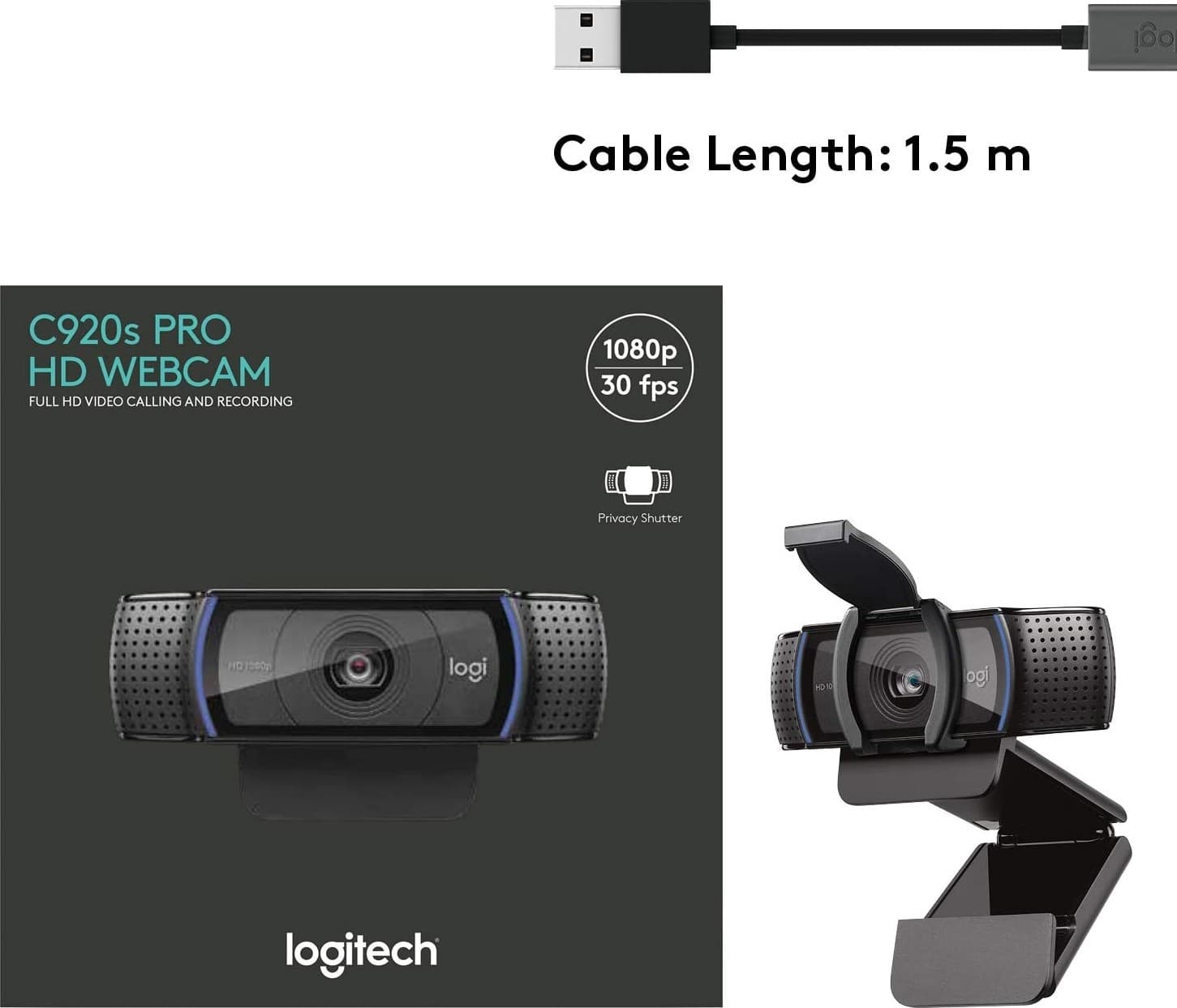 Logitech C920S Pro HD Webcam — Full HD 1080p, Autofocus, Stereo Mic, Privacy Shutter (960-001252)