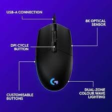 Logitech G203 Lightsync Gaming Mouse — Wired, 8000 DPI, 6 Buttons, RGB, Black (910-005796)