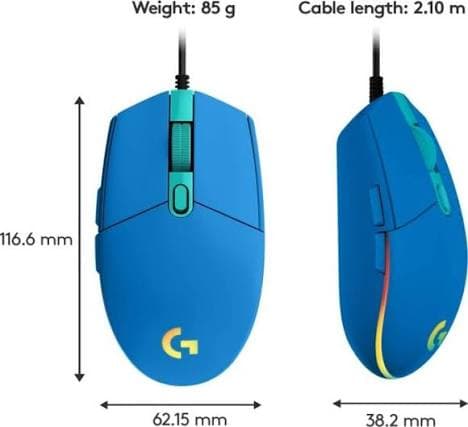 Logitech G203 Lightsync Gaming Mouse — Wired, 8000 DPI, 6 Buttons, RGB, Blue (910-005798)