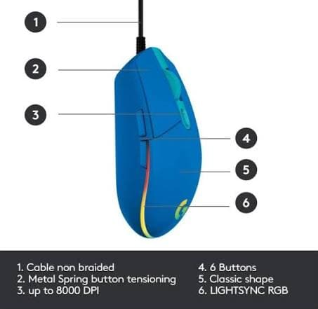 Logitech G203 Lightsync Gaming Mouse — Wired, 8000 DPI, 6 Buttons, RGB, Blue (910-005798)
