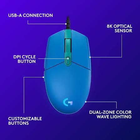 Logitech G203 Lightsync Gaming Mouse — Wired, 8000 DPI, 6 Buttons, RGB, Blue (910-005798)
