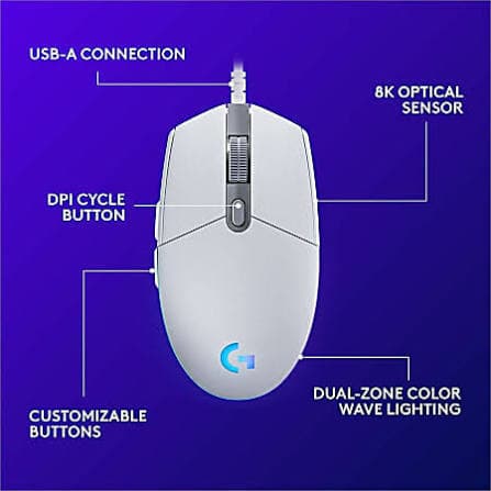 Logitech G203 Lightsync Gaming Mouse — Wired, 8000 DPI, 6 Buttons, RGB, White (910-005797)