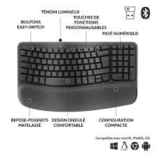 Logitech Wave Keys Wireless Ergonomic Keyboard — Bluetooth/Bolt, Cushioned Palm Rest, Quiet (920-012334)