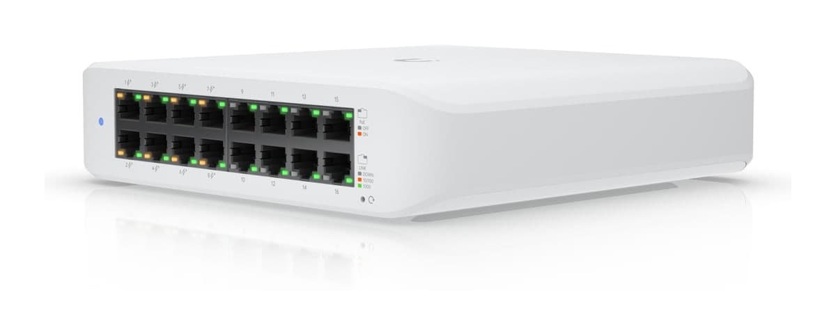 Ubiquiti UniFi Switch Lite 16 PoE — 16× GbE (8 PoE+), 45W, Desktop/Wall (USW-LITE-16-POE)