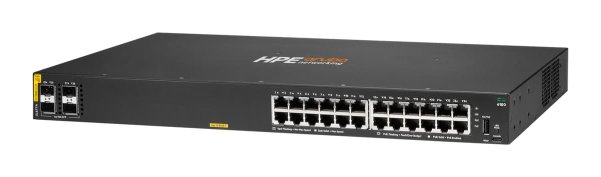 HPE Aruba Networking CX 6100 24G Class4 PoE 4SFP+ 370W Switch — 24× Gigabit PoE, 4× 10G SFP+ (JL677A)